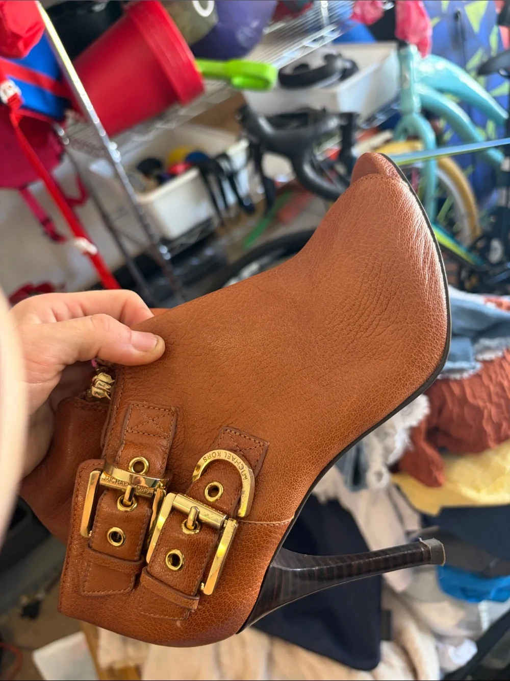 Michael Kors Tan Leather Peep-Toe Ankle Boot with Gold Buckles